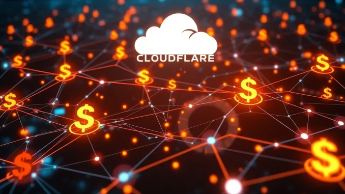 Cloudflare Netdollar stablecoin symbol flowing across a secure digital network, illustrating its purpose for cross-network transactions and advancing digital payments.