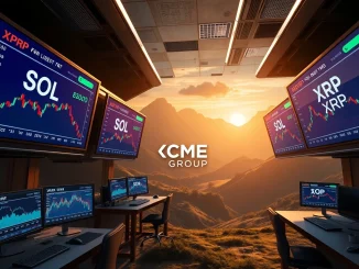 CME Group expanding crypto derivatives, launching SOL futures and XRP futures for institutional investors on a trading screen.