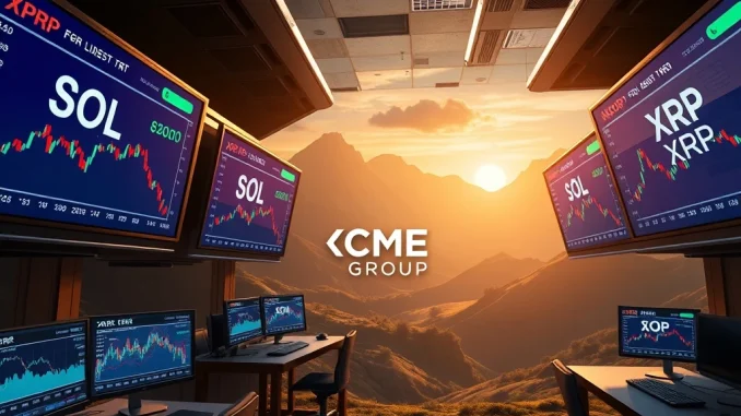 CME Group expanding crypto derivatives, launching SOL futures and XRP futures for institutional investors on a trading screen.