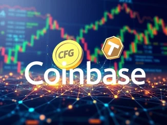 Coinbase platform displaying CFG token and TROLL coin symbols, signaling a significant Coinbase listing announcement.