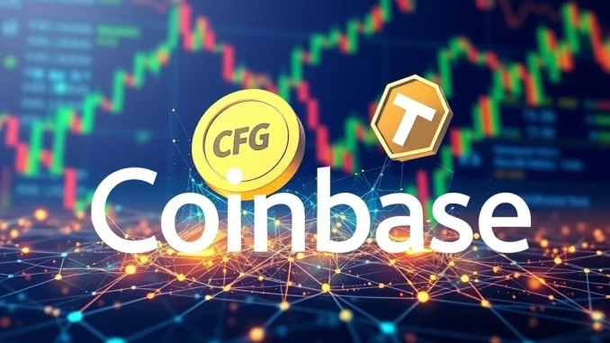 Coinbase platform displaying CFG token and TROLL coin symbols, signaling a significant Coinbase listing announcement.