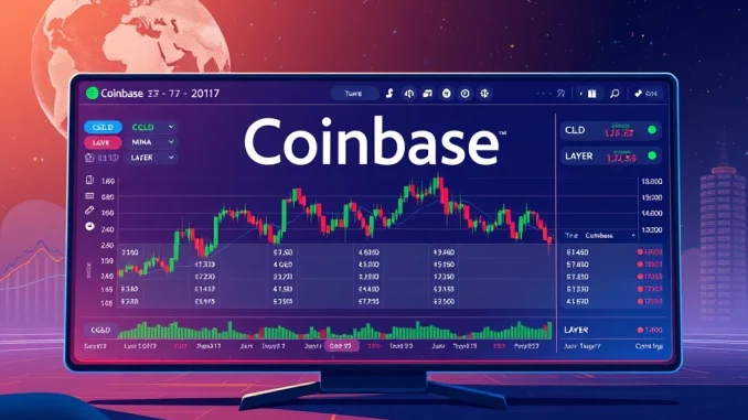 A dynamic Coinbase Markets trading screen featuring charts for CGLD, MINA, and LAYER perpetual futures, signaling new market opportunities.