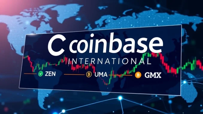 Coinbase International platform displaying ZEN, UMA, GMX perpetual futures trading interface, signifying new opportunities for crypto traders.
