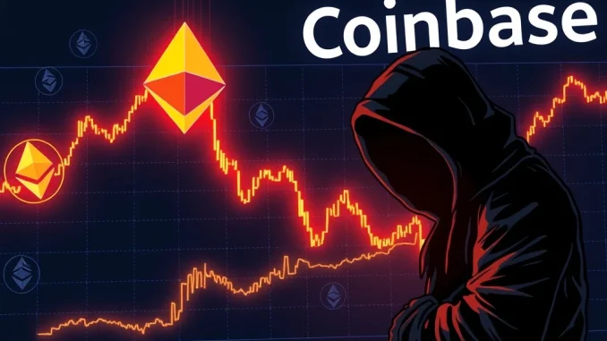 A Coinbase hacker, represented by a shadowy figure, reacts with dismay as their ETH holdings plummet due to panic selling, highlighting a significant crypto theft loss.