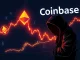 A Coinbase hacker, represented by a shadowy figure, reacts with dismay as their ETH holdings plummet due to panic selling, highlighting a significant crypto theft loss.