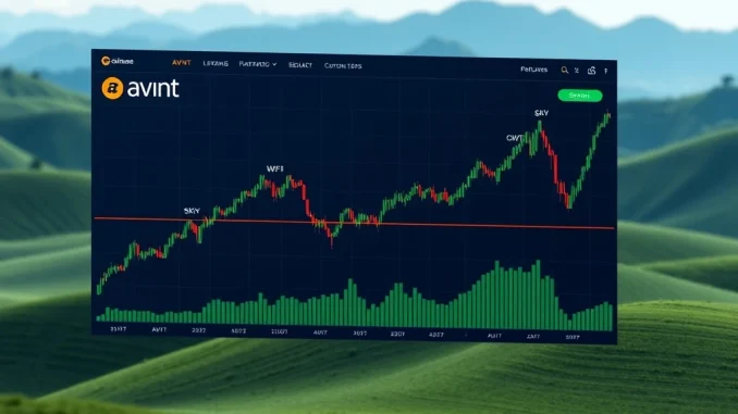 A digital trading screen displaying **Coinbase perpetual futures** charts for AVNT, WLFI, SKY, and CRO, symbolizing expanded trading opportunities.