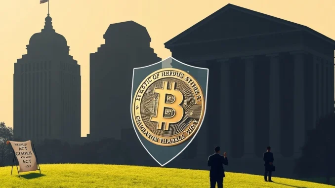 An illustration depicting Coinbase CEO Brian Armstrong standing against a backdrop of imposing US banks, highlighting the conflict over stablecoin rewards. The image conveys the ongoing battle for consumer financial freedom.