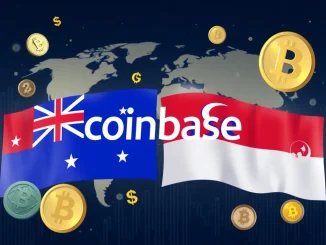 Coinbase stablecoins expansion into Australia and Singapore, represented by national flags and digital currency symbols.