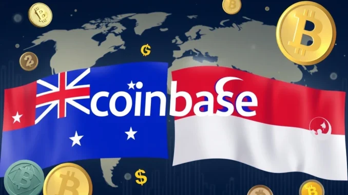 Coinbase stablecoins expansion into Australia and Singapore, represented by national flags and digital currency symbols.