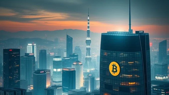 A Japanese corporate building with a subtle Bitcoin logo, representing Convano's significant Bitcoin purchase.