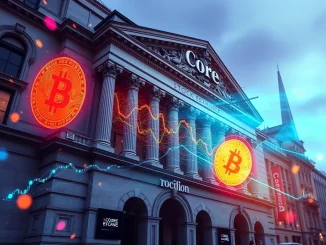 Core DAO Bitcoin staking ETP listing on the London Stock Exchange, symbolizing traditional finance embracing digital assets.