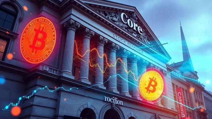 Core DAO Bitcoin staking ETP listing on the London Stock Exchange, symbolizing traditional finance embracing digital assets.