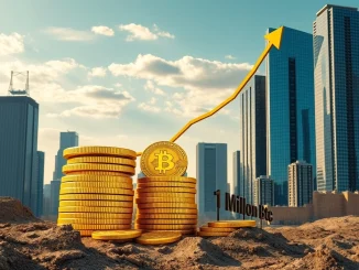 A visual representation of corporate Bitcoin holdings growing, with a chart approaching a million BTC, signifying strong institutional Bitcoin adoption.