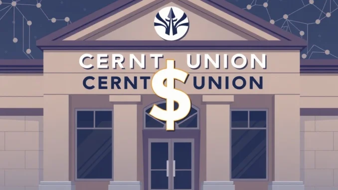 A digital representation of the Cloud Dollar stablecoin logo emerging from a modern credit union building, symbolizing the launch of the first US credit union stablecoin.