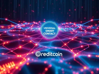 Visual representation of Creditcoin's Universal Smart Contract (USC) testnet, showing secure blockchain data verification and cross-chain interoperability.