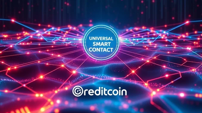 Visual representation of Creditcoin's Universal Smart Contract (USC) testnet, showing secure blockchain data verification and cross-chain interoperability.