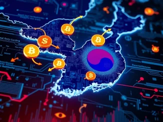 Illustration of **crypto arbitrage** in South Korea, showing currency exchange and illegal forex deals.