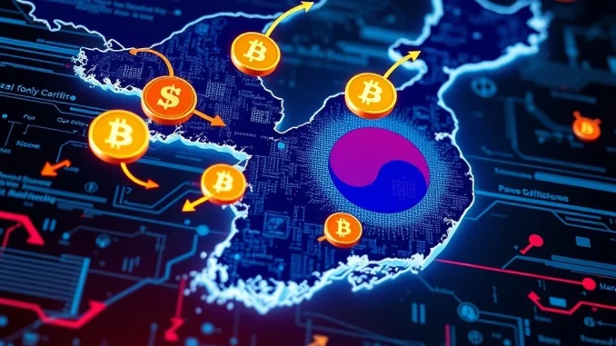 Illustration of **crypto arbitrage** in South Korea, showing currency exchange and illegal forex deals.
