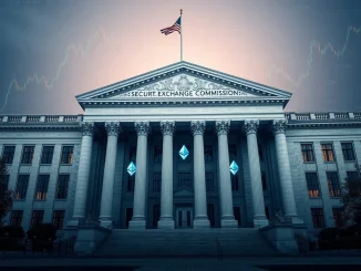 SEC building with cryptocurrency symbols, representing the SEC approval of streamlined crypto ETF listings and a new era for digital asset investments.