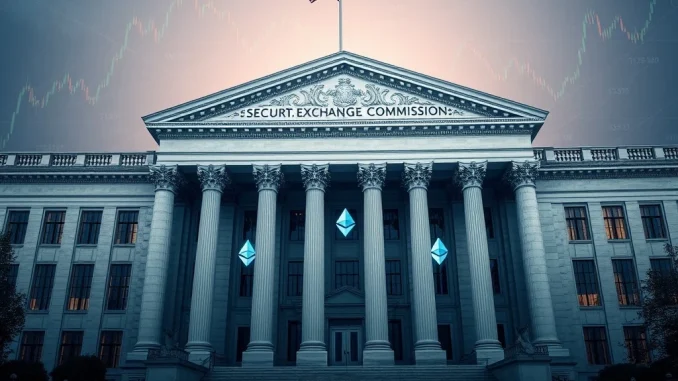 SEC building with cryptocurrency symbols, representing the SEC approval of streamlined crypto ETF listings and a new era for digital asset investments.