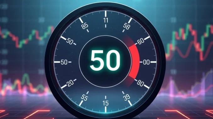 A digital scale illustrating the **Crypto Fear & Greed Index**, balancing between fear and greed, indicating neutral **market sentiment**.