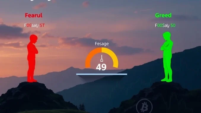 A visual representation of the Crypto Fear & Greed Index scale, with a needle pointing to the neutral zone at 49, reflecting current market sentiment.
