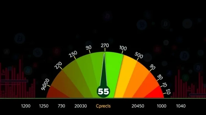 Visualizing the Crypto Fear & Greed Index reaching 55, indicating a shift into greed territory and positive Bitcoin market sentiment.