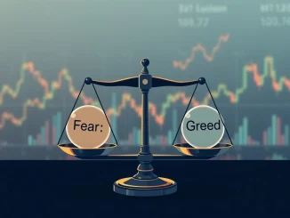 A balanced scale representing the Crypto Fear & Greed Index at a neutral 50, indicating balanced investor sentiment in the Bitcoin market.