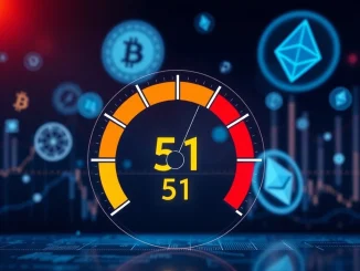 A Crypto Fear & Greed Index gauge shifts from fear to neutral, indicating evolving market sentiment.