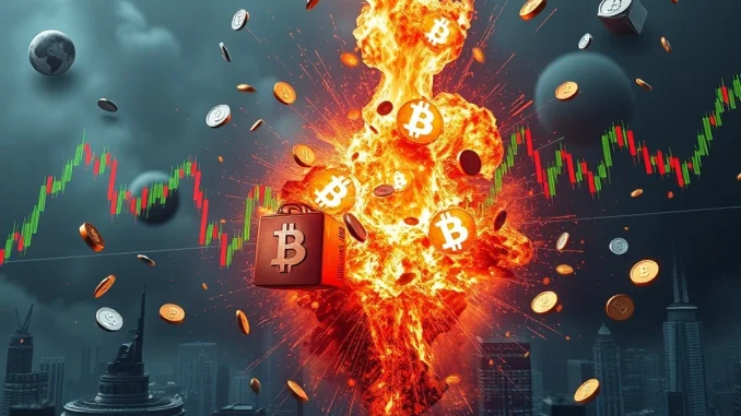 Charts and digital coins depicting significant crypto futures liquidation, highlighting market volatility.
