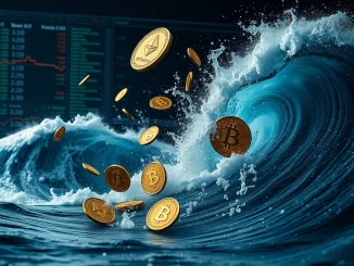 Visualizing the impact of massive crypto futures liquidations, with Ethereum and Bitcoin symbols affected by market volatility.