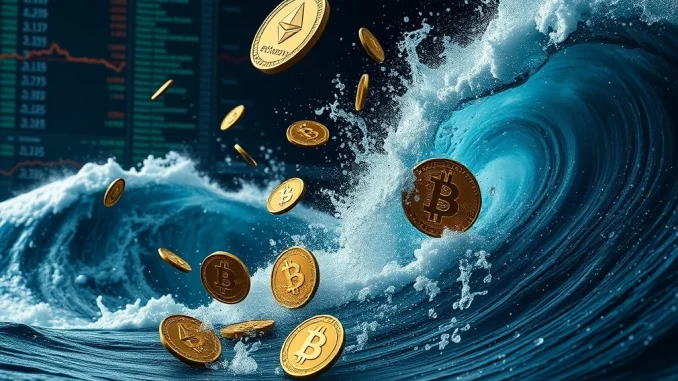 Visualizing the impact of massive crypto futures liquidations, with Ethereum and Bitcoin symbols affected by market volatility.