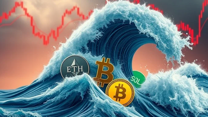Shocking Crypto Liquidations: Over $153M in Long Positions Devastate ETH, BTC, SOL Markets A chart showing a dramatic drop in crypto prices, symbolizing over $153M in crypto liquidations across ETH, BTC, and SOL.