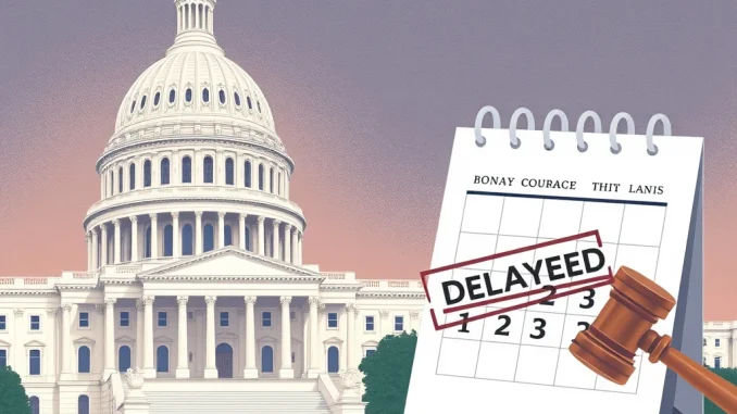 A gavel resting on a document, symbolizing the delayed Senate crypto market structure bill vote and the ongoing efforts in crypto regulation.