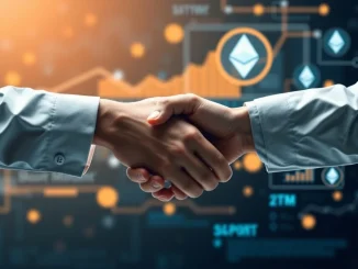 Two hands shaking over a digital interface displaying cryptocurrency charts, symbolizing the significant **crypto M&A** activity and market consolidation.