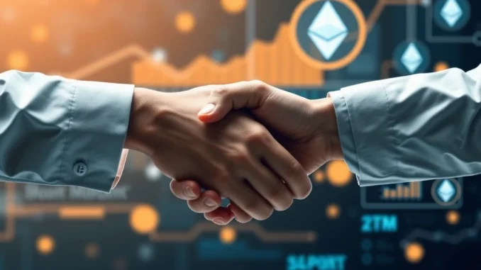 Two hands shaking over a digital interface displaying cryptocurrency charts, symbolizing the significant **crypto M&A** activity and market consolidation.