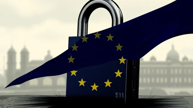 Symbolic image representing **crypto sanctions** impacting digital assets, with EU flag elements, conveying the **digital asset impact** of new regulations.