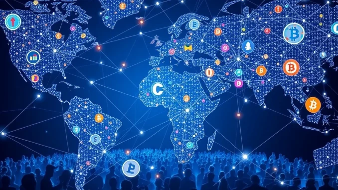 Visualizing a global network rapidly expanding to connect **5 billion crypto users**, symbolizing widespread cryptocurrency adoption and future payment methods.