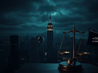 An image illustrating the dangerous intersection of crypto volatility and legal systems, highlighted by the NYC kidnapping case, with digital currency symbols and legal motifs.
