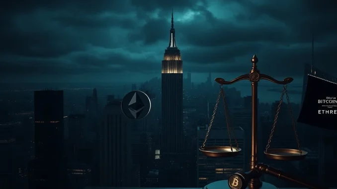 An image illustrating the dangerous intersection of crypto volatility and legal systems, highlighted by the NYC kidnapping case, with digital currency symbols and legal motifs.