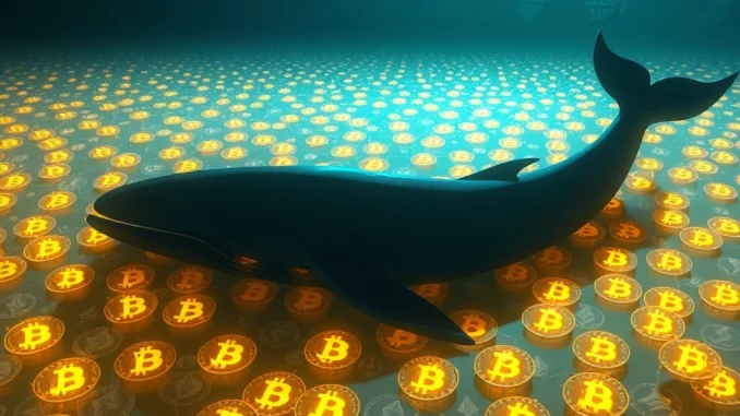 Illustrates a crypto whale moving vast sums of Bitcoin and Ethereum, signifying significant market activity and large crypto trades.