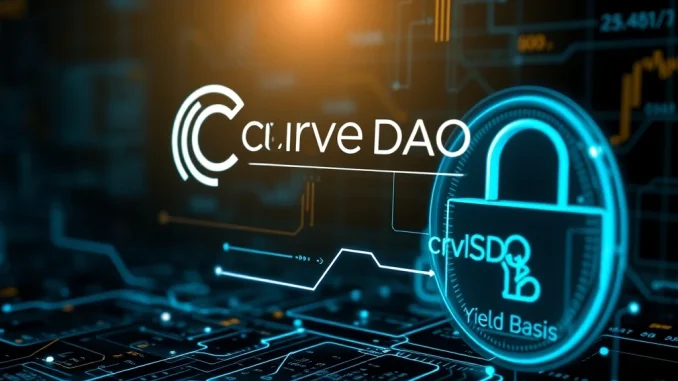 Digital representation of Curve DAO approving a crvUSD credit line for Yield Basis, symbolizing a significant DeFi governance decision.