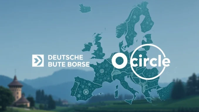 Deutsche Börse's Transformative Partnership: Integrating Circle Stablecoins into European Markets **Deutsche Börse** and Circle logos, with USDC and EURC stablecoins flowing into a European market, symbolizing their financial integration partnership.