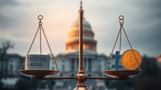 Digital Asset Bill: Crucial Revised Draft Promises Clarity for US Crypto Regulation Scales of justice balancing crypto symbols and law books, symbolizing the US Senate's revised Digital Asset Bill bringing regulatory clarity.