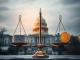 Scales of justice balancing crypto symbols and law books, symbolizing the US Senate's revised Digital Asset Bill bringing regulatory clarity.