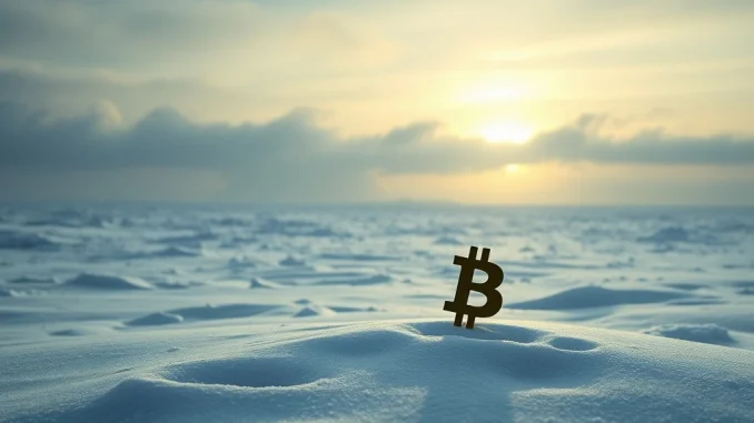 Digital Asset Treasury: CZ Reveals **Crucial** Path to **Genuine** Growth After Crypto Winter A symbolic depiction of a Digital Asset Treasury enduring a harsh crypto winter, with green shoots of genuine growth emerging from the snow.