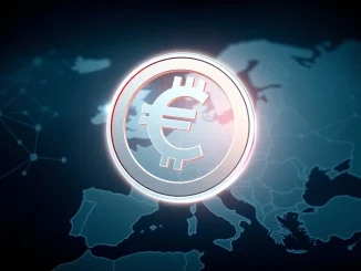 A digital euro symbol floating over a map of Europe, signifying the **Digital Euro** launch target by the European Central Bank.