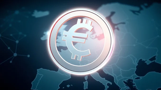 A digital euro symbol floating over a map of Europe, signifying the **Digital Euro** launch target by the European Central Bank.