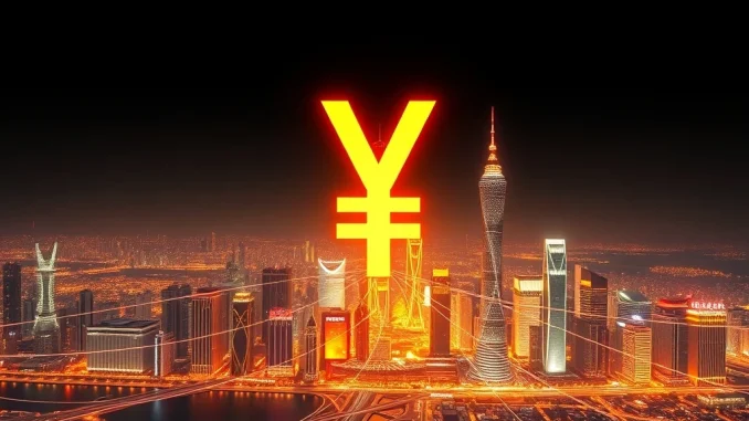 Digital Yuan currency symbol over a map of Shanghai, illustrating China's push for cross-border payments.