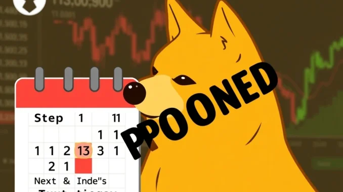 A Dogecoin symbol alongside a calendar, illustrating the crucial delay of the RexShares DOGE ETF launch to next Thursday.